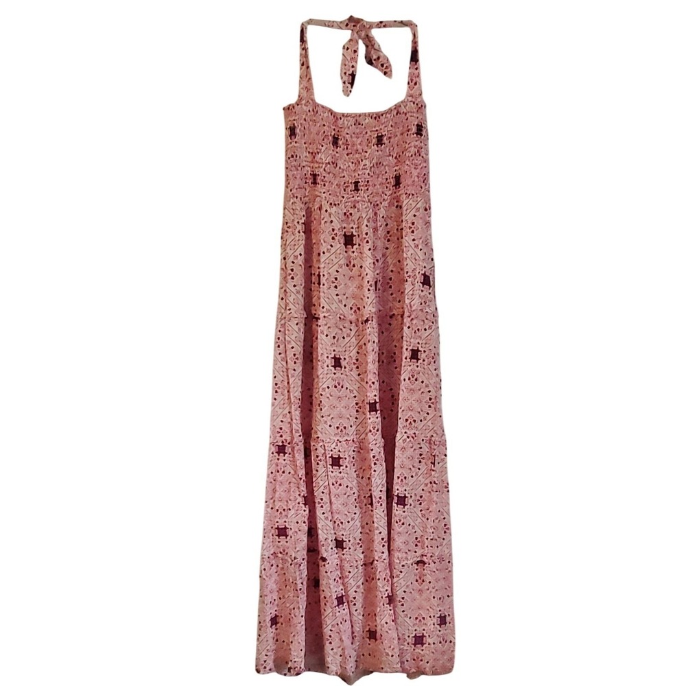 Ariat Dress Womens Large Red Bandana Paisley Smocked Halter Maxi Boho Rayon - Picture 2 of 11